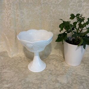 Vintage White Colony Harvest Grape Design Milk Glass Pedestal Compote, No Lid
